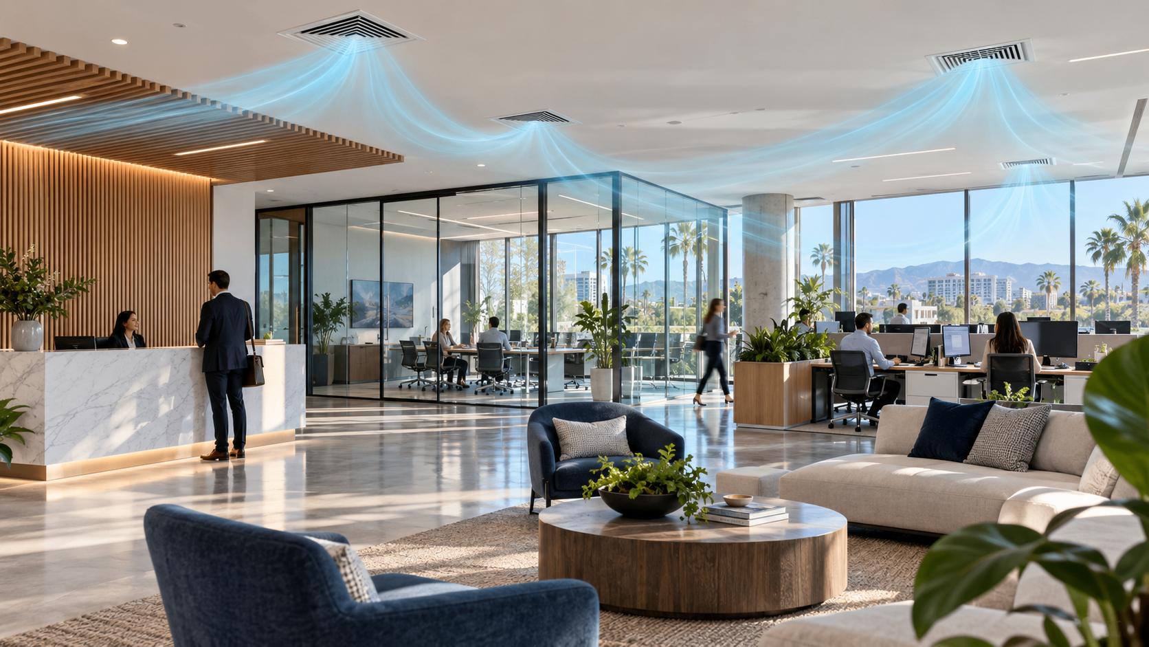 Commercial building HVAC airflow in modern office